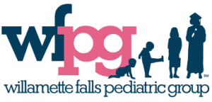 Willamette Falls Pediatric Group logo featuring colorful text with silhouettes of children and adults, representing pediatric care services