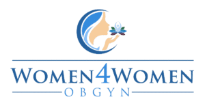 Women4Women OBGYN logo featuring a woman's profile holding a lotus flower within a crescent moon circle in blue and peach tones