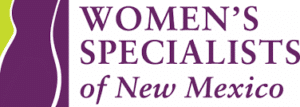 Women's Specialists of New Mexico logo featuring purple silhouette of pregnant woman with text in purple lettering