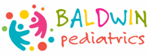 Baldwin pediatrics logo featuring colorful silhouettes of children playing with scattered dots and text in teal, pink, yellow, and green