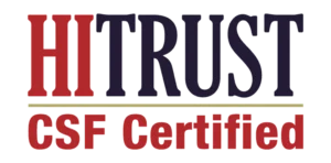 HitTrust CSF Certified logo featuring red and dark blue text with a gold horizontal line separator