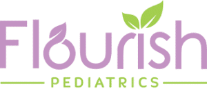 Flourish Pediatrics logo with purple text, green leaf icon, and decorative line elements