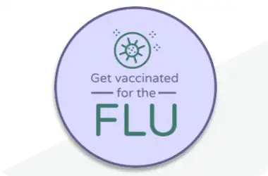 Purple circular badge with a ship's wheel icon and text reading "Get vaccinated for the FLU