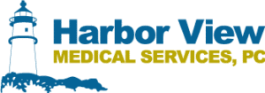 Harbor View Medical Services, PC logo featuring a lighthouse tower and rocky coastline in teal and blue colors
