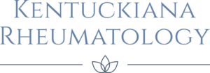Kentuckiana Rheumatology logo with blue serif text and a decorative lotus flower symbol below