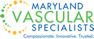 Maryland Vascular Specialists logo with green leaf design and orange circular accent elements, featuring tagline "Compassionate. Experienced. Innovative. Trusted