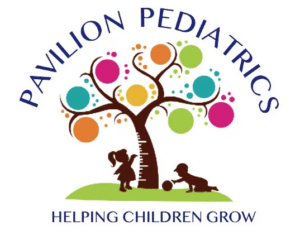 Pavilion Pediatrics logo featuring a colorful tree with silhouettes of children playing below and the tagline "Helping children grow