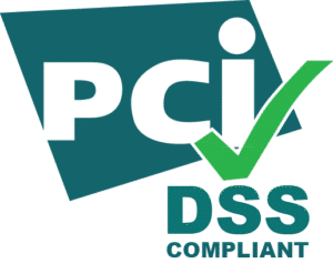 PCI DSS compliant certification badge with teal background, white "PCI" text, green checkmark, and "DSS COMPLIANT" label below