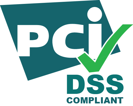 PCI DSS compliant certification badge with teal background, white "PCI" text, green checkmark, and "DSS COMPLIANT" label below