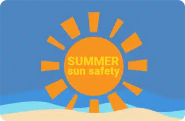 Large orange sun with "SUMMER sun safety" text in yellow center, surrounded by ray spikes, above sandy beach and blue water against blue sky background