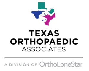 Texas Orthopaedic Associates logo featuring a colorful map of Texas in teal, navy, and magenta, with text indicating it's a division of OrthoLoneStar